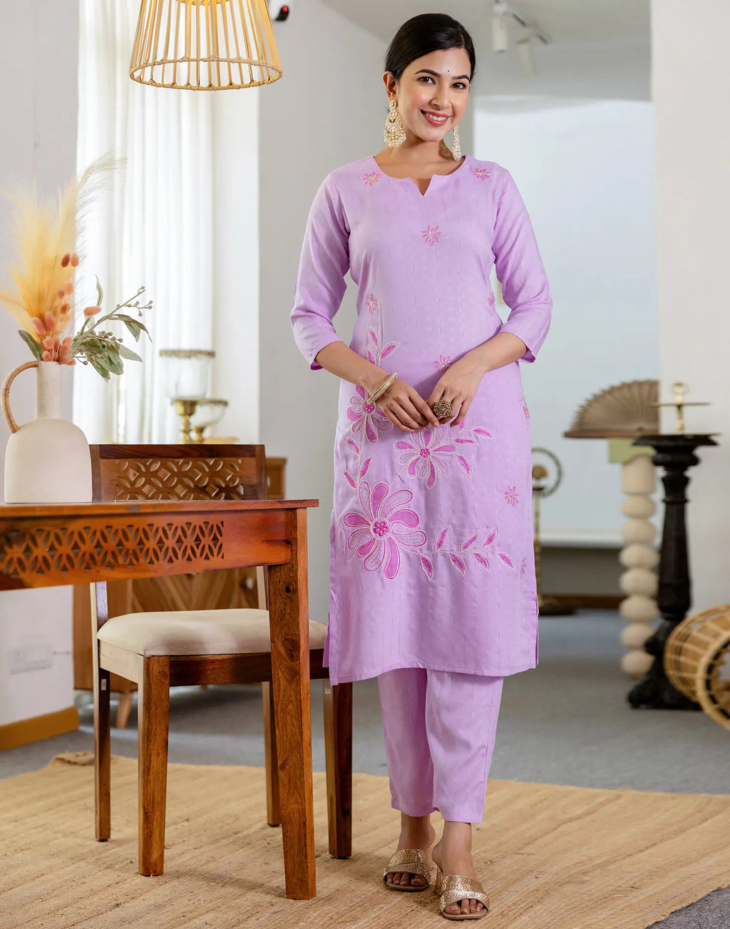 Silk Blend Embroidered Straight 3 Piece Kurta Set