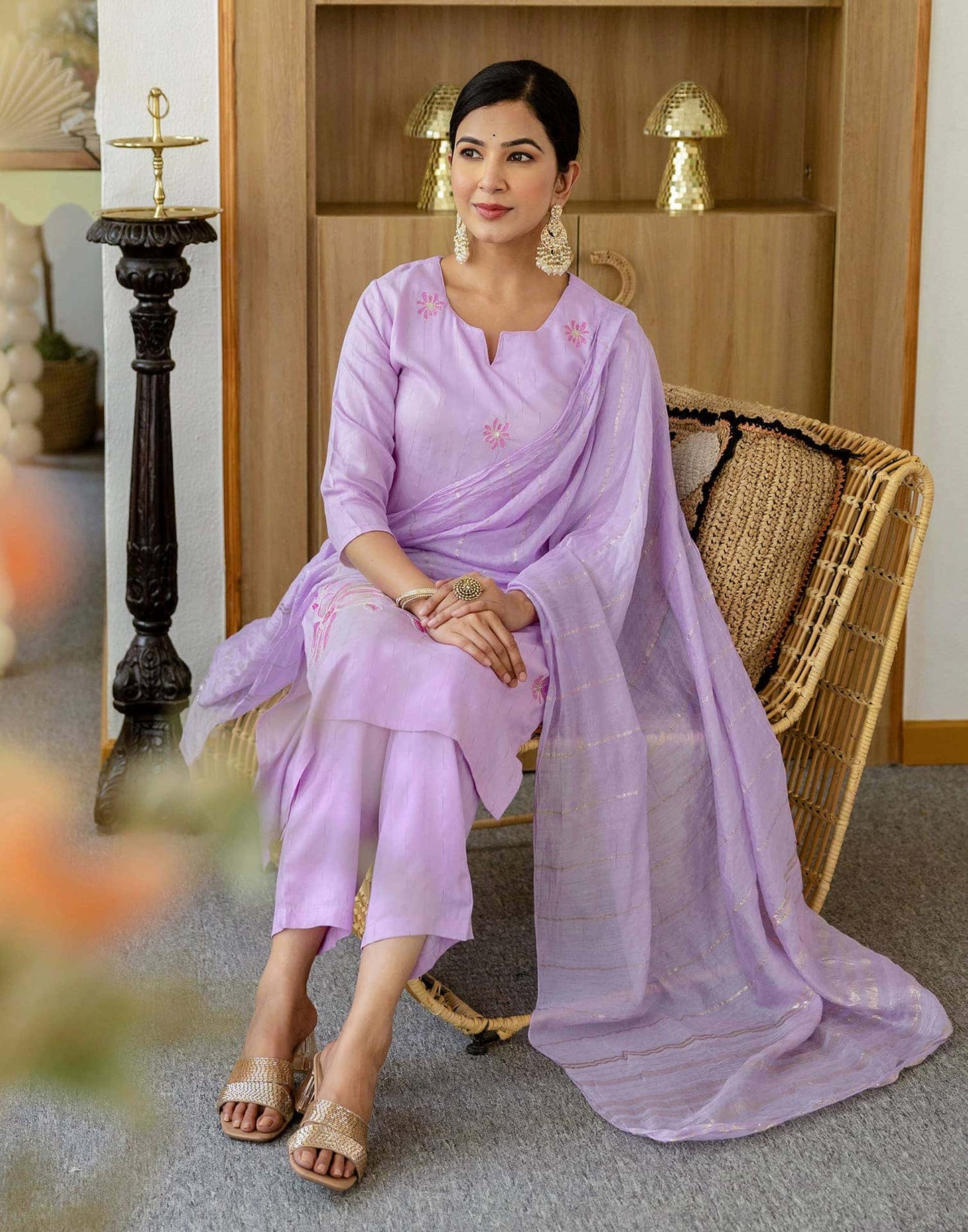 Rayon Embroidery Work and Woven Stripe Straight Kurta with Pant & Dupatta