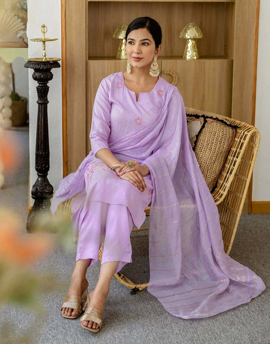 Rayon Embroidery Work and Woven Stripe Straight Kurta with Pant & Dupatta