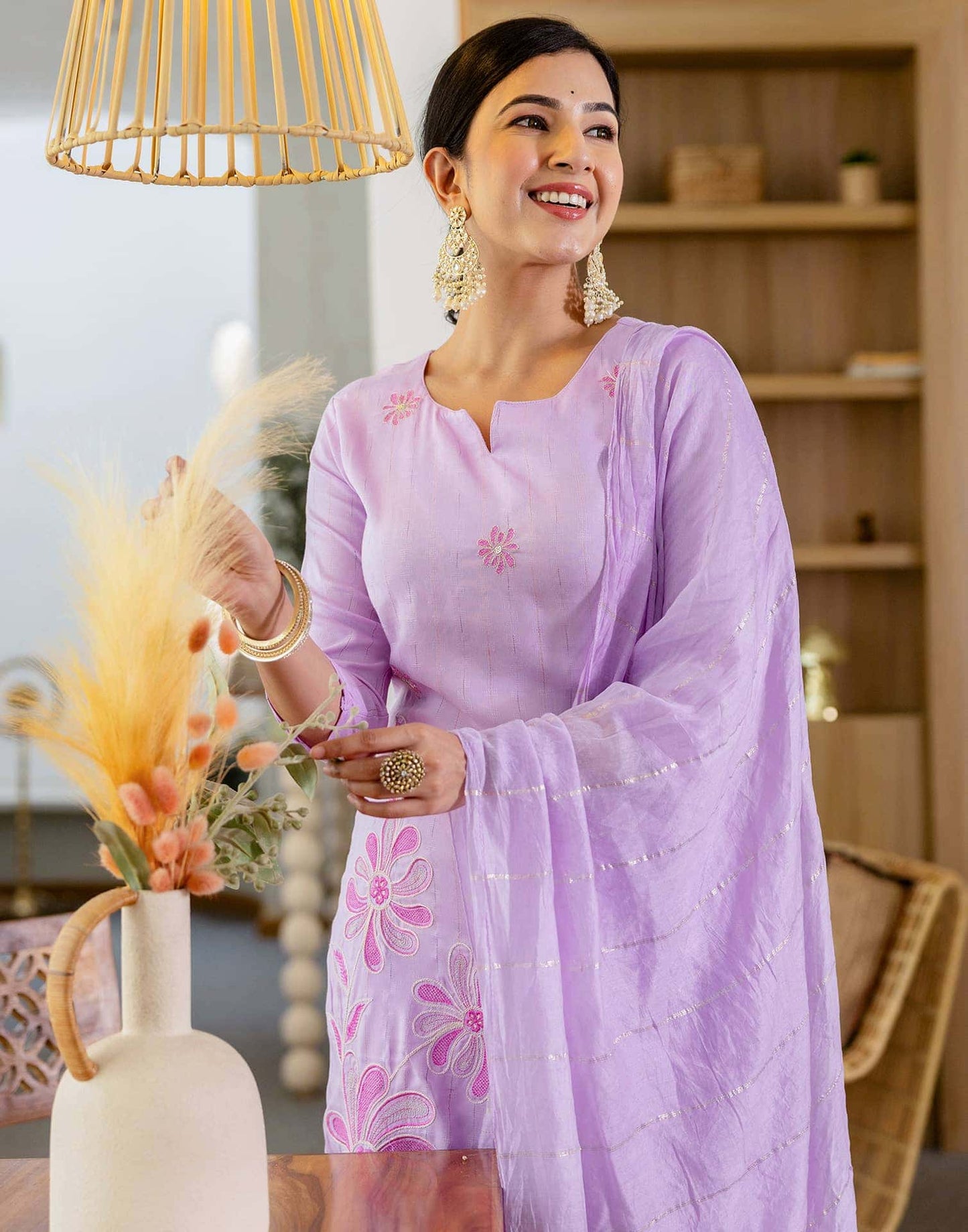 Rayon Embroidery Work and Woven Stripe Straight Kurta with Pant & Dupatta