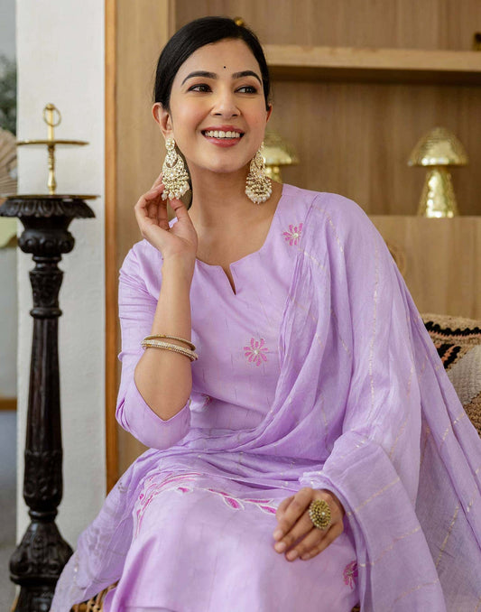 Rayon Embroidery Work and Woven Stripe Straight Kurta with Pant & Dupatta