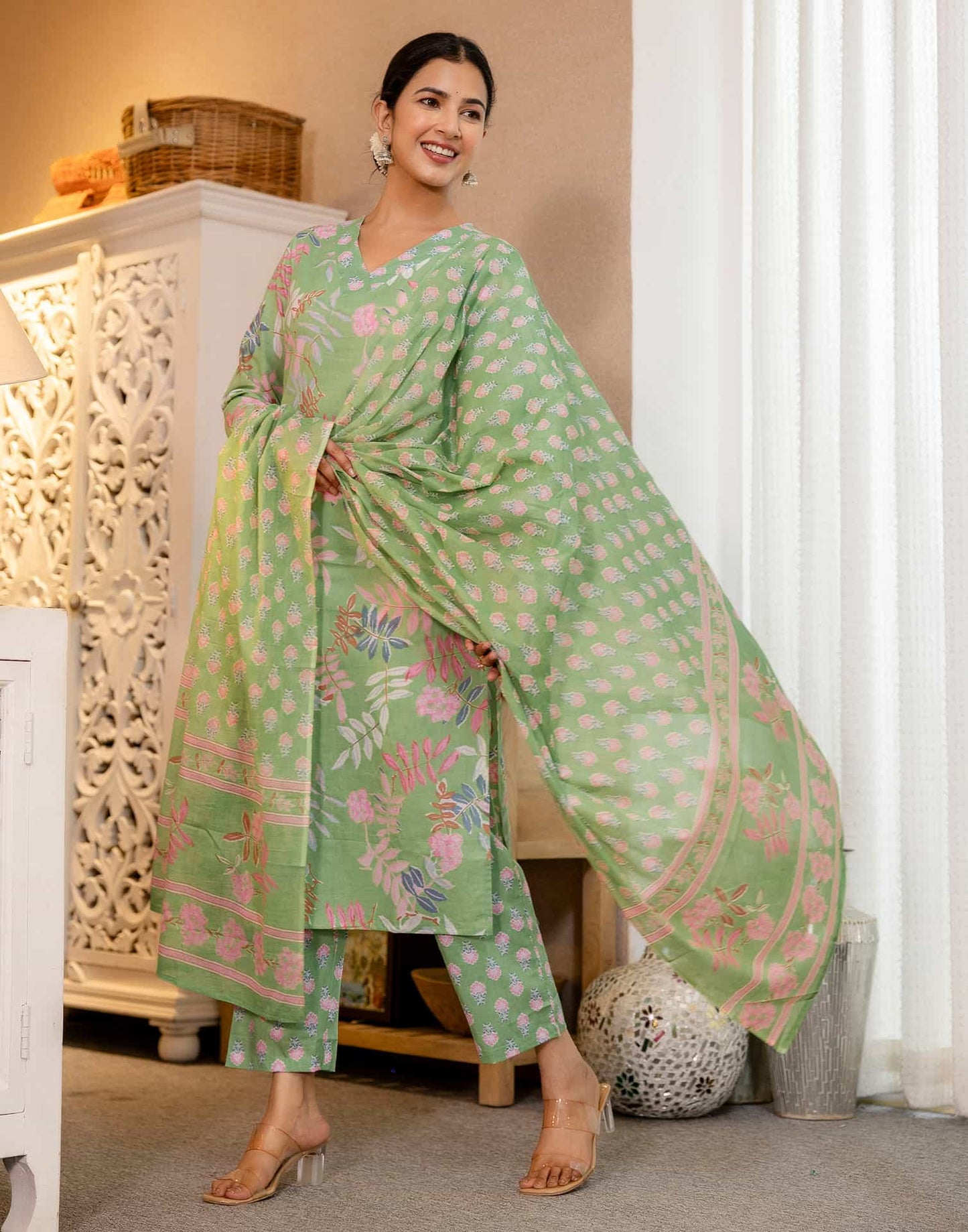 Cotton Printed Straight Kurta with Pant & Dupatta