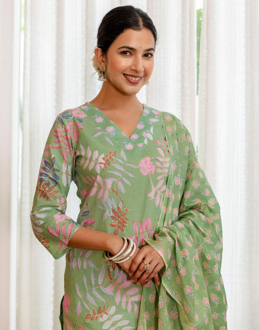Cotton Printed Straight Kurta with Pant & Dupatta