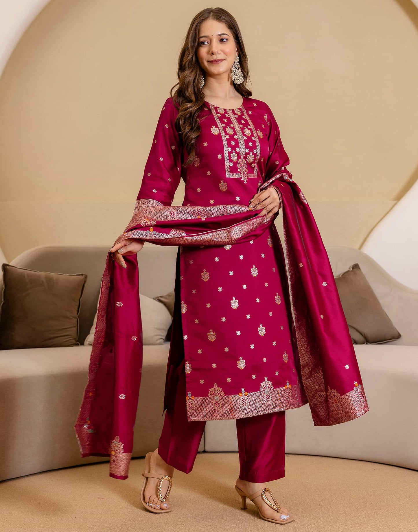 Silk Blend Woven Straight Kurta with Pant & Dupatta