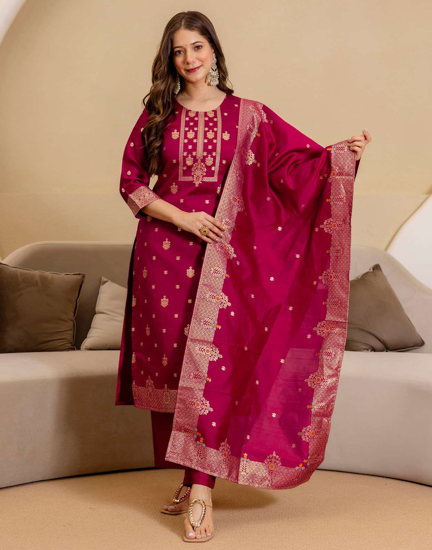 Silk Blend Woven Straight Kurta with Pant & Dupatta