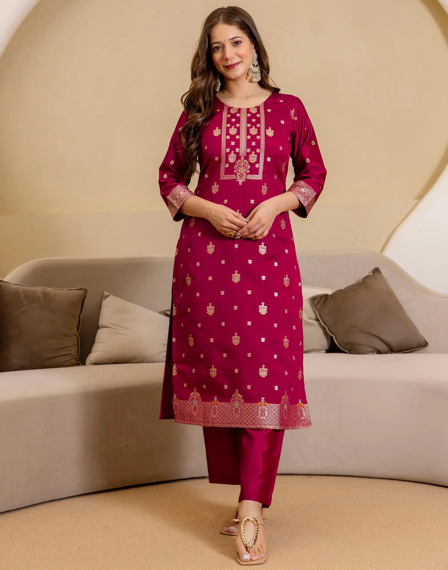 Silk Blend Woven Woven Straight 3 Piece Kurta Set