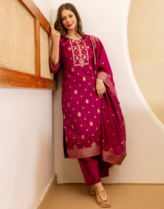 Silk Blend Woven Straight Kurta with Pant & Dupatta