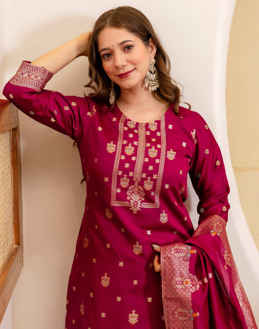 Silk Blend Woven Straight Kurta with Pant & Dupatta