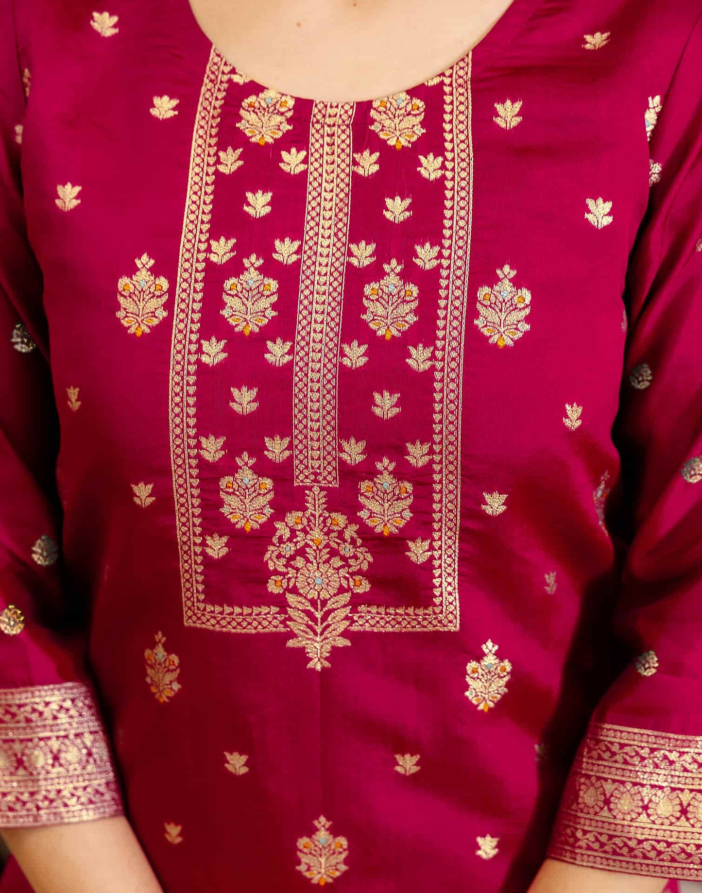 Silk Blend Woven Straight Kurta with Pant & Dupatta