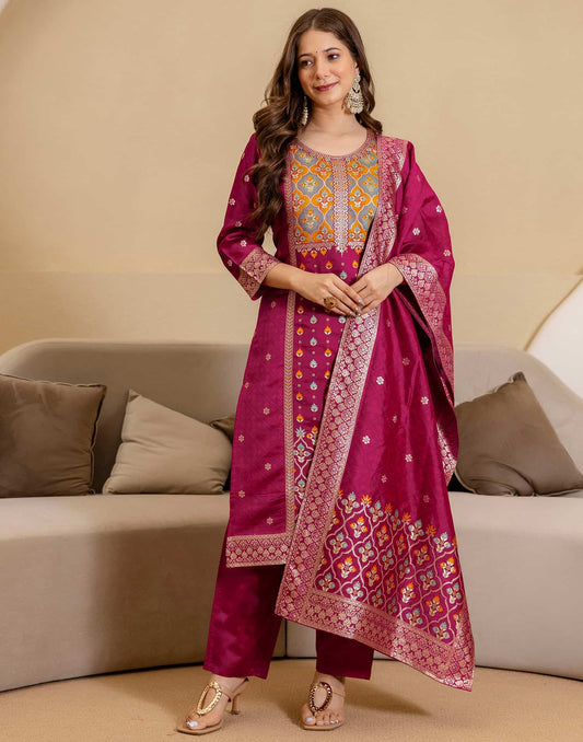 Silk Blend Woven Straight Kurta with Pant & Dupatta