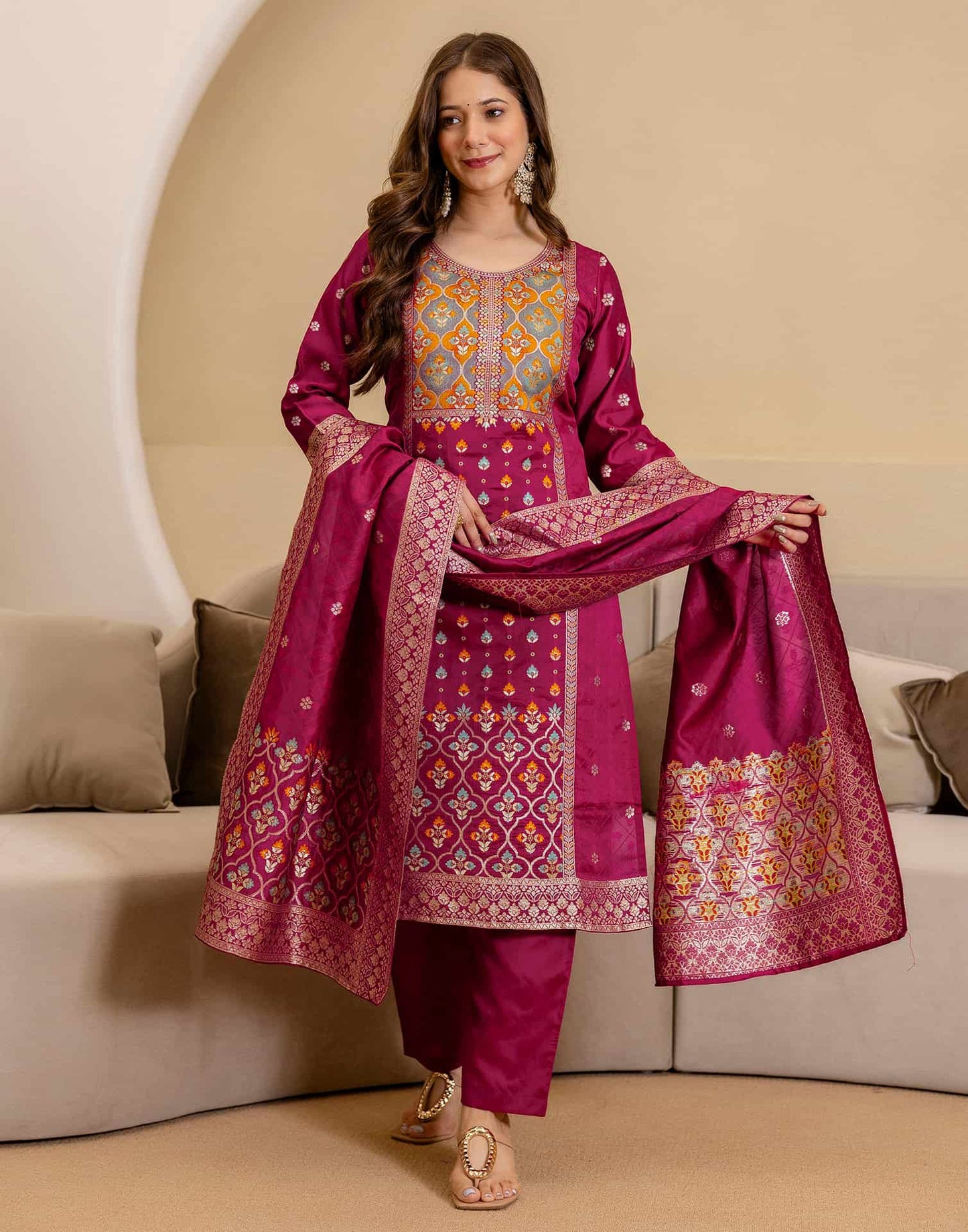 Silk Blend Woven Straight Kurta with Pant & Dupatta
