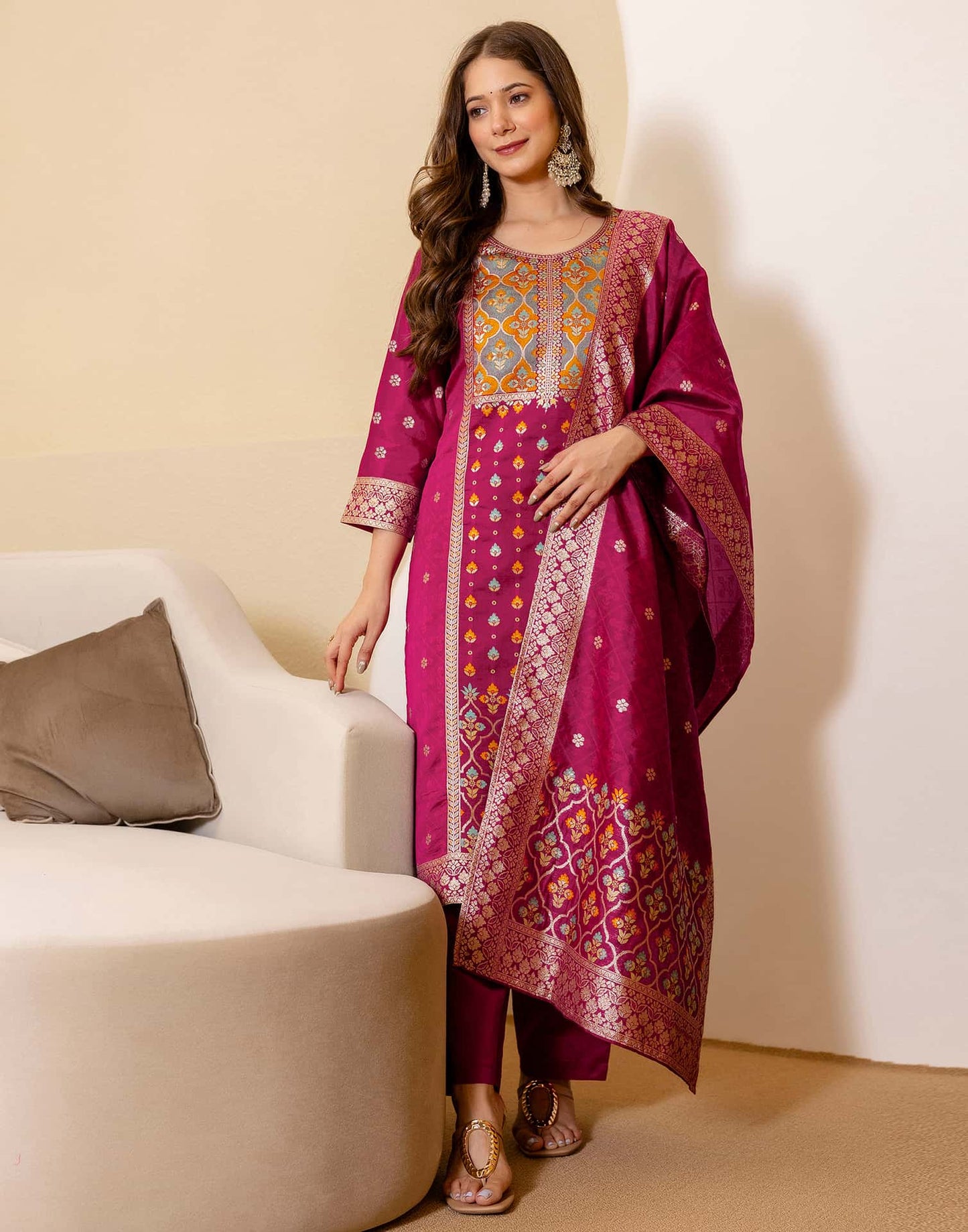 Silk Blend Woven Straight Kurta with Pant & Dupatta