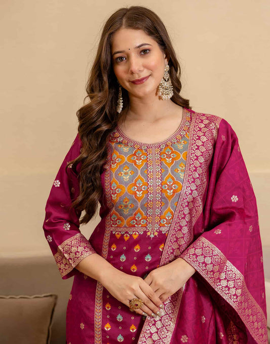 Silk Blend Woven Straight Kurta with Pant & Dupatta