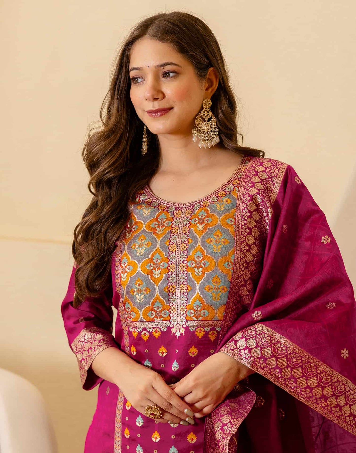 Silk Blend Woven Straight Kurta with Pant & Dupatta
