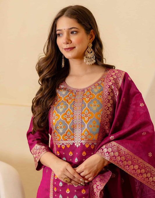 Silk Blend Woven Straight Kurta with Pant & Dupatta