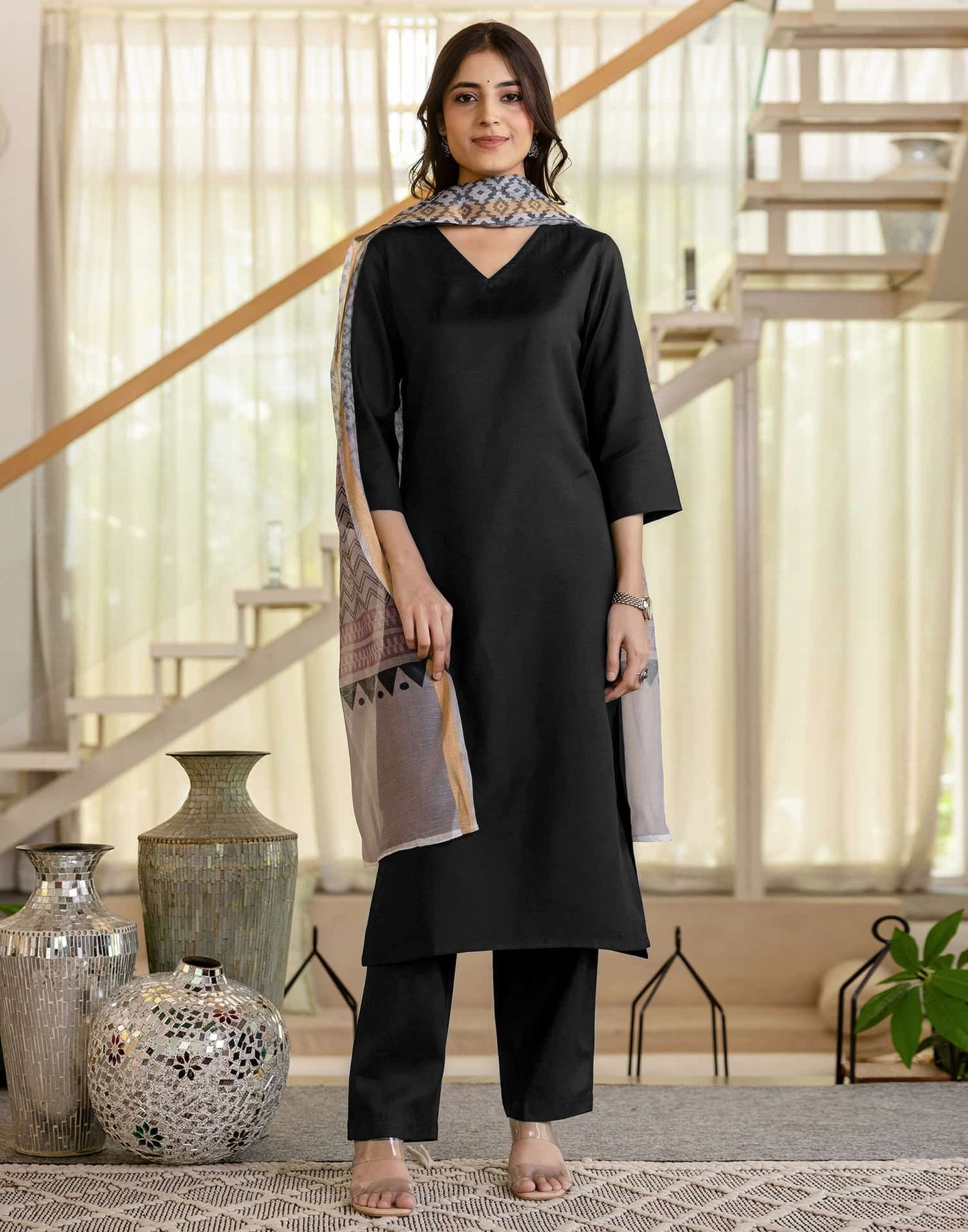 Cotton Blend Dyed Straight Kurta with Pant & Dupatta