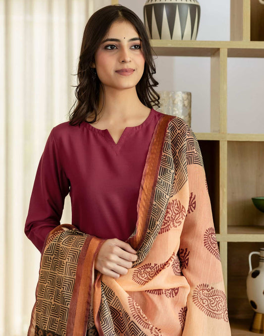 Cotton Solid Straight Kurta with Pant & Dupatta