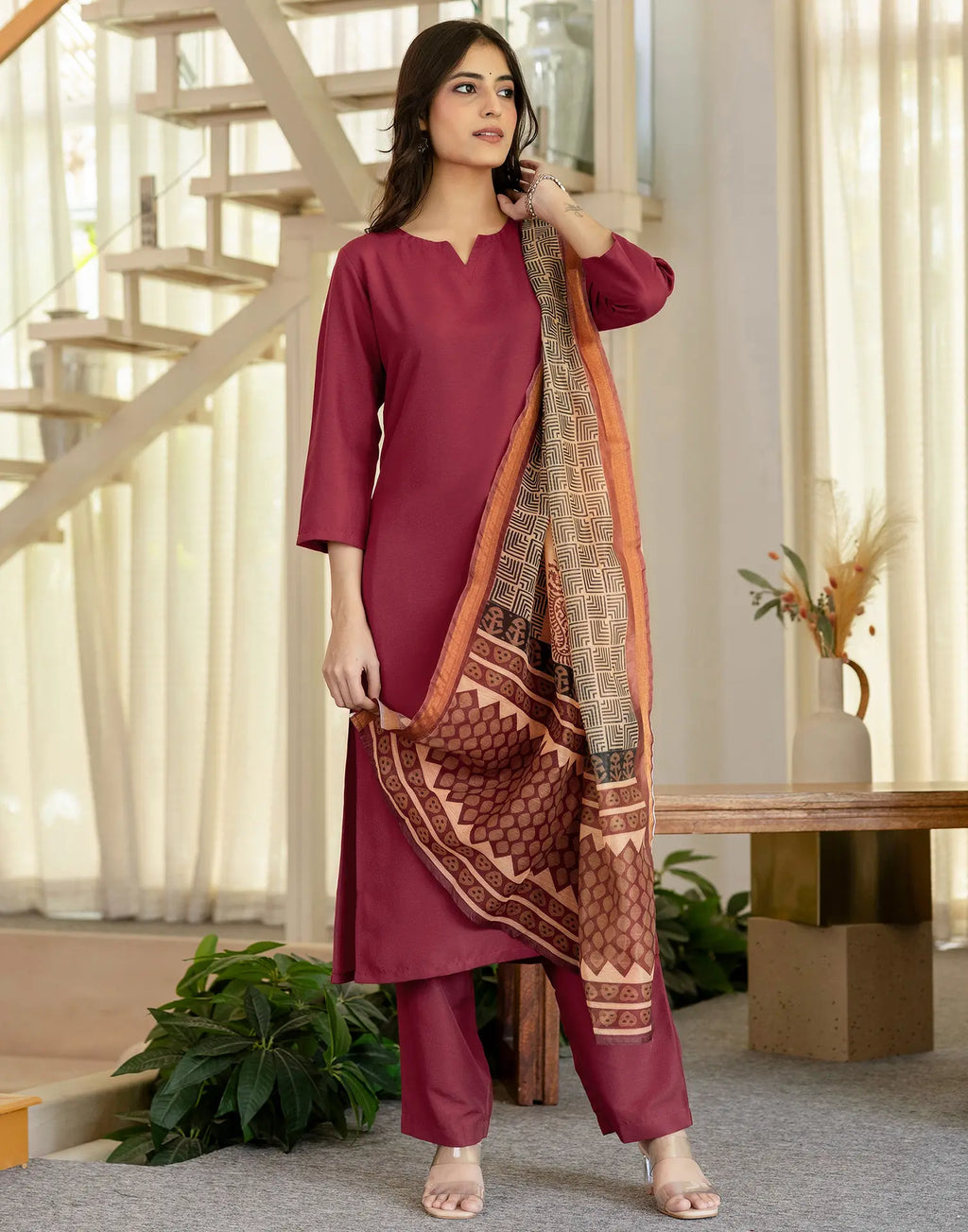 Viscose Rayon Plain Straight 3 Piece Kurta Set