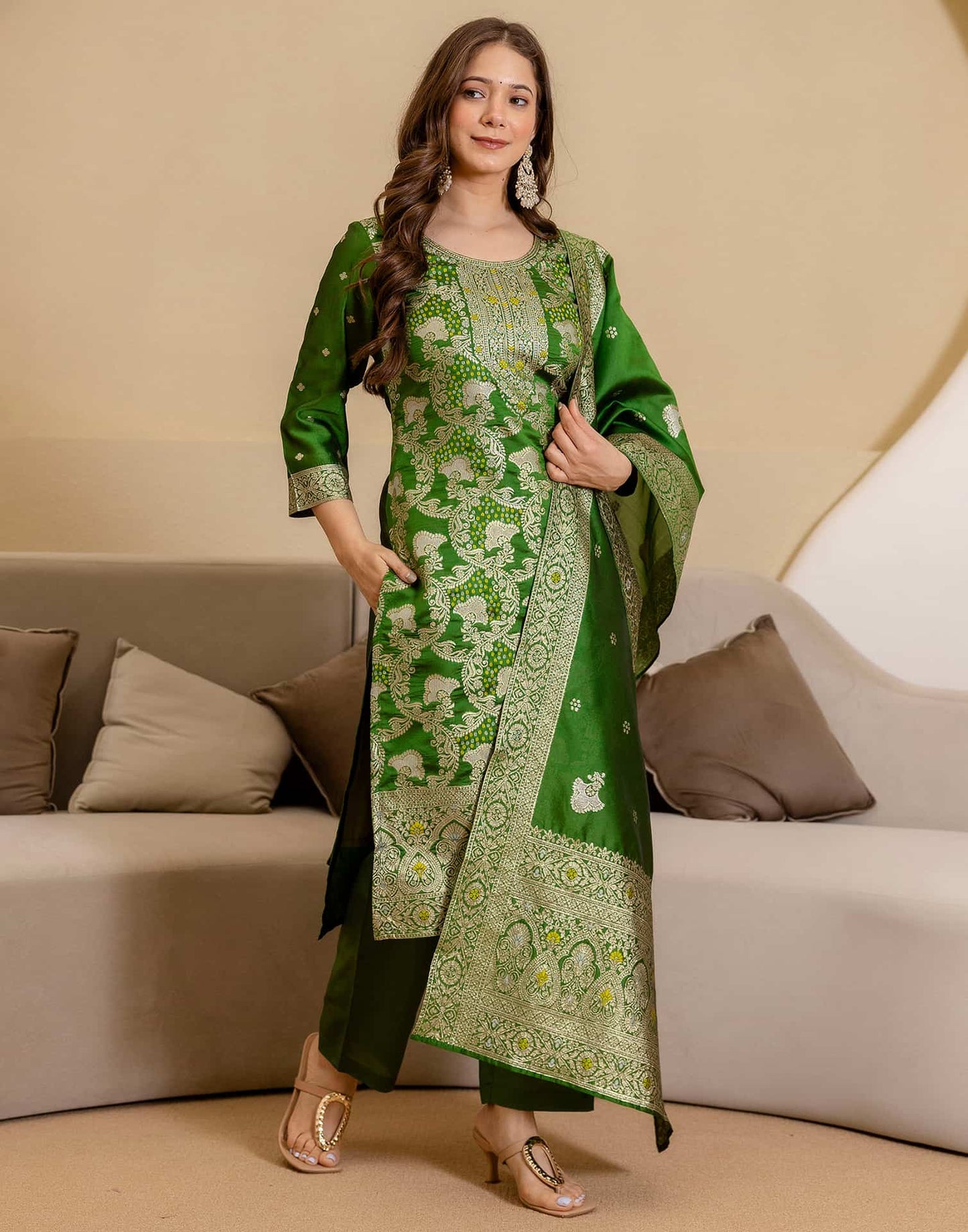Silk Blend Woven Straight Kurta with Pant & Dupatta