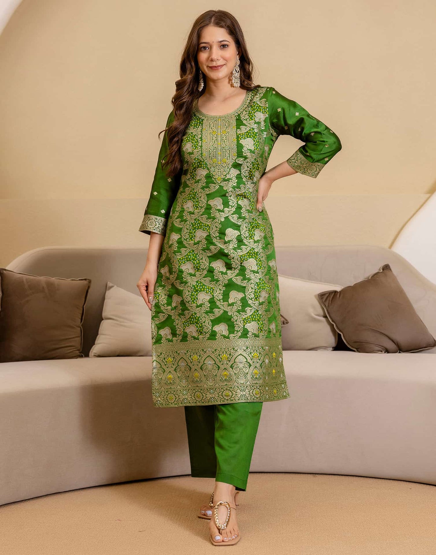 Silk Blend Woven Straight Kurta with Pant & Dupatta