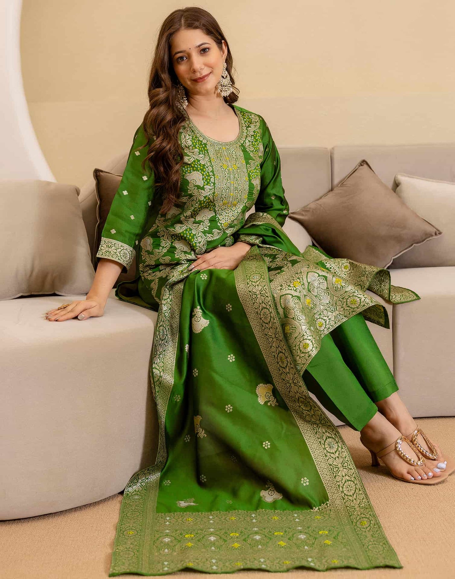 Silk Blend Woven Straight Kurta with Pant & Dupatta