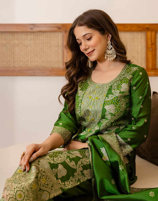 Silk Blend Woven Straight Kurta with Pant & Dupatta