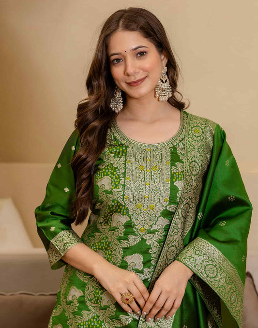 Silk Blend Woven Straight Kurta with Pant & Dupatta