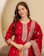Skylee Taffeta Woven Straight 3 Piece Kurta Set For Woman