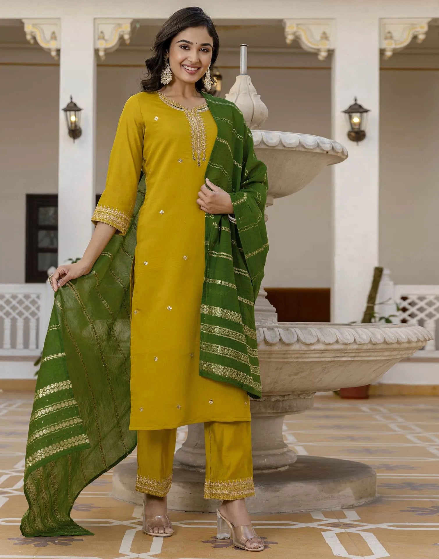 Yellow Silk Embroidered Straight Kurta with Pant and Dupatta