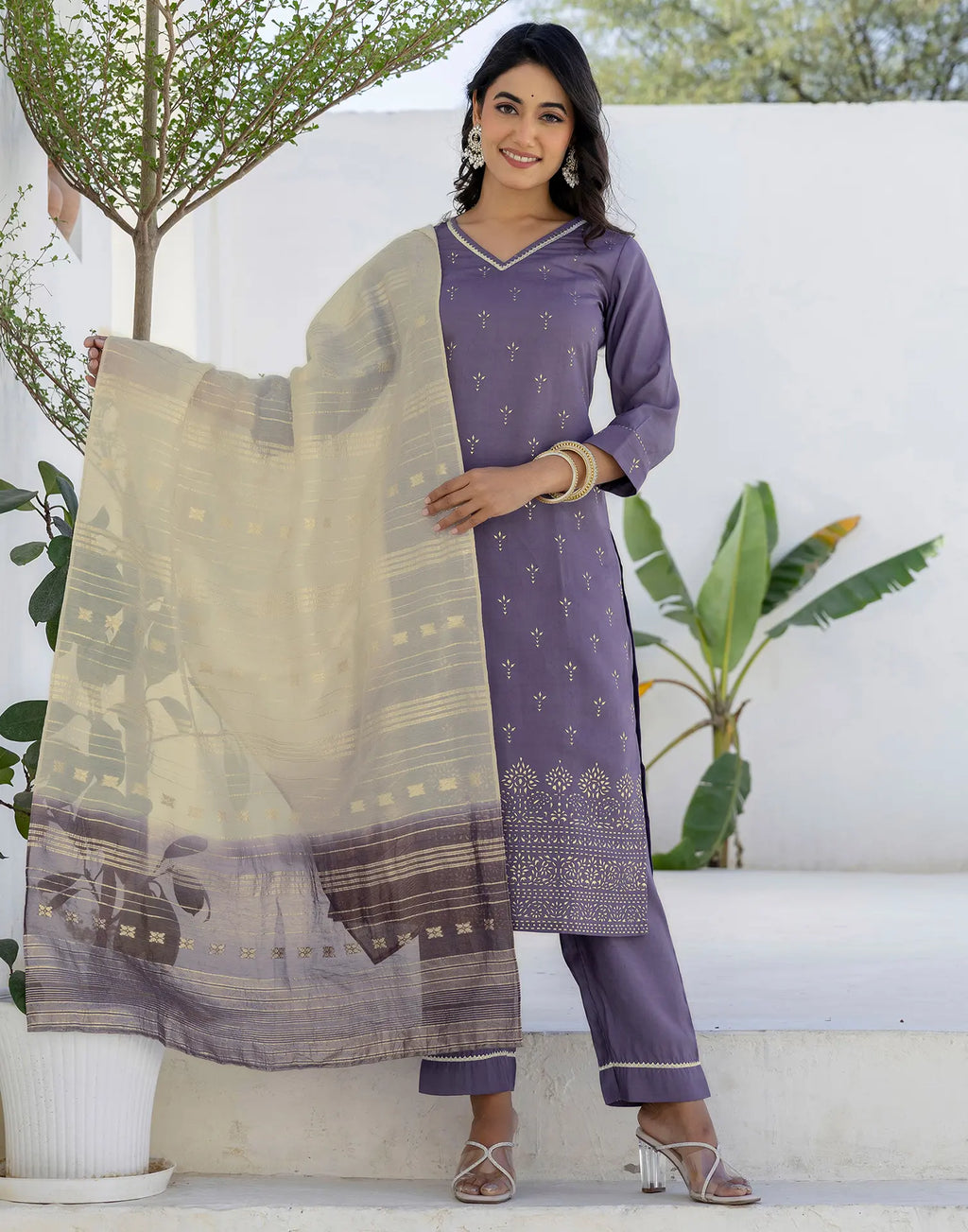 Silk Blend Foil Print Straight 3 Piece Kurta Set