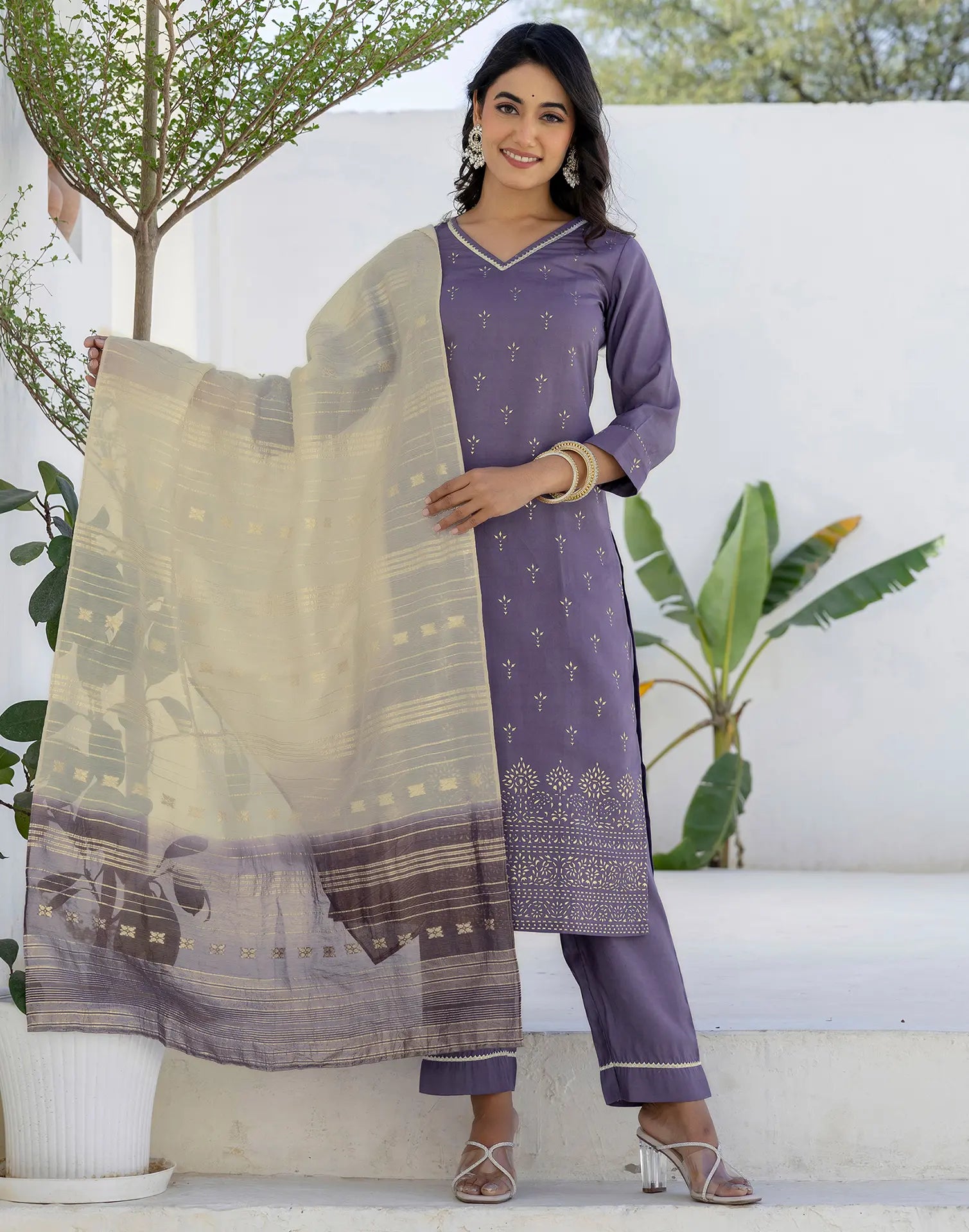 Silk Blend Foil Print Straight 3 Piece Kurta Set