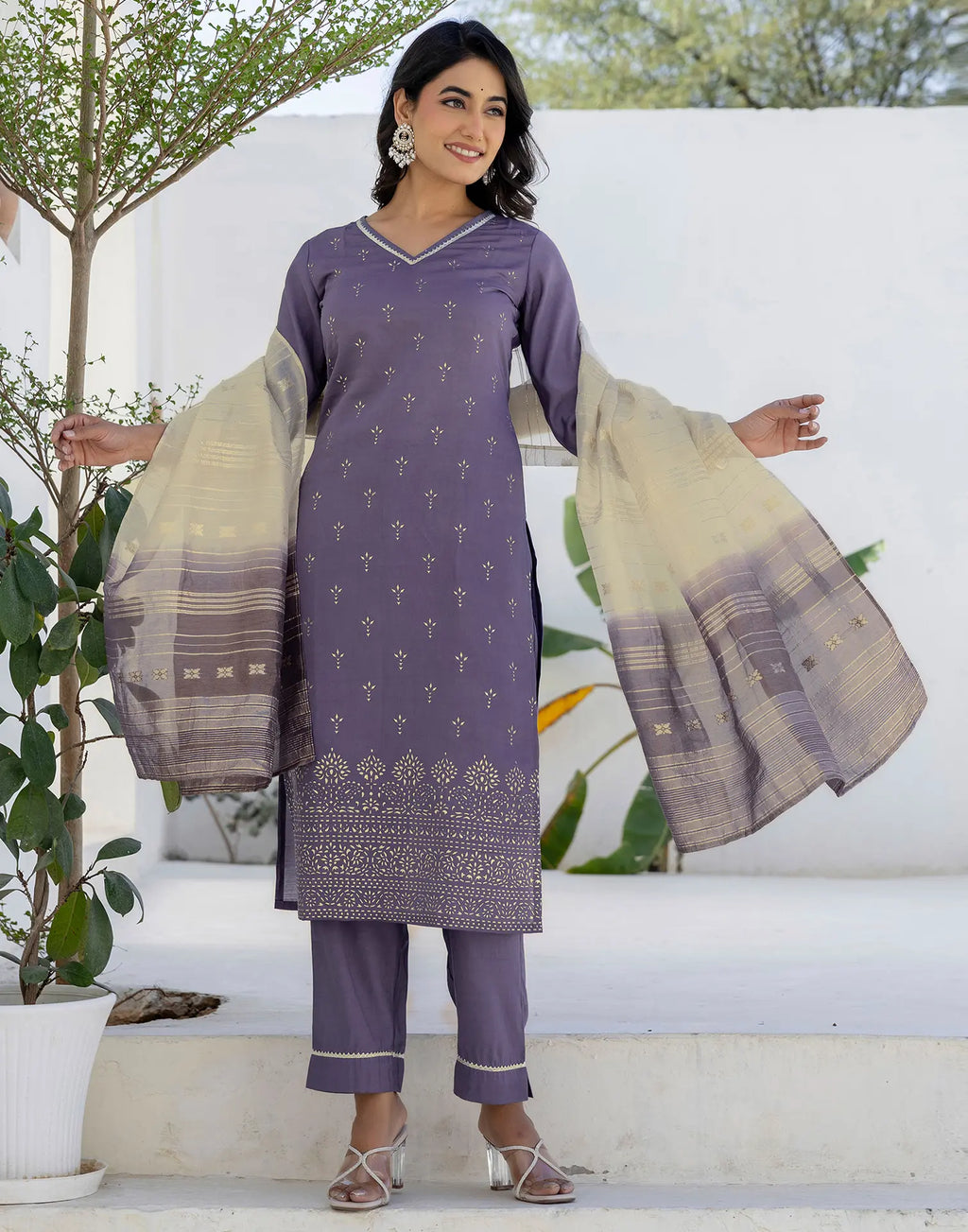 Silk Blend Foil Print Straight 3 Piece Kurta Set