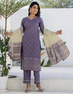 Silk Blend Foil Print Straight 3 Piece Kurta Set