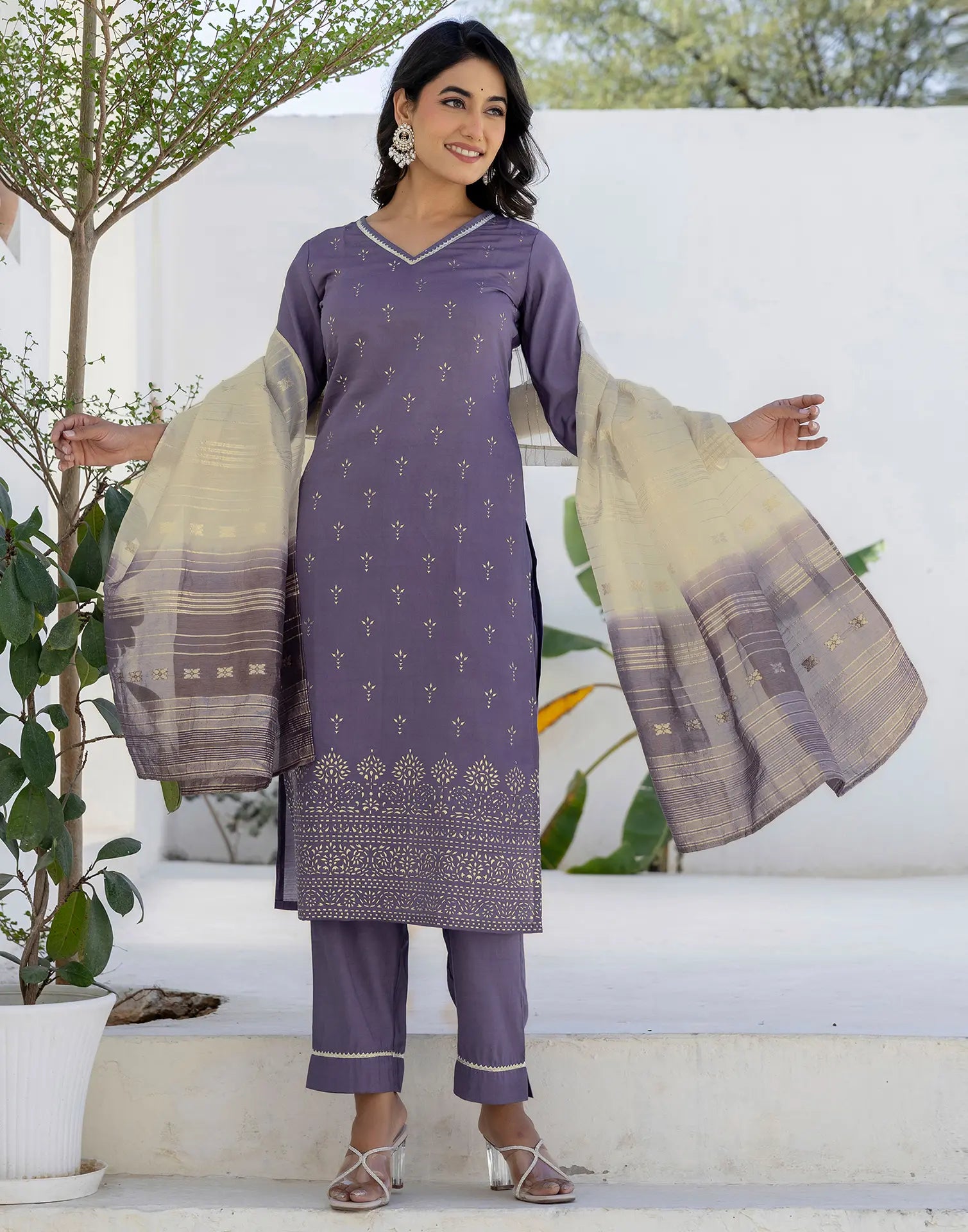 Silk Blend Foil Print Straight 3 Piece Kurta Set