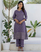 Silk Blend Foil Print Straight 3 Piece Kurta Set