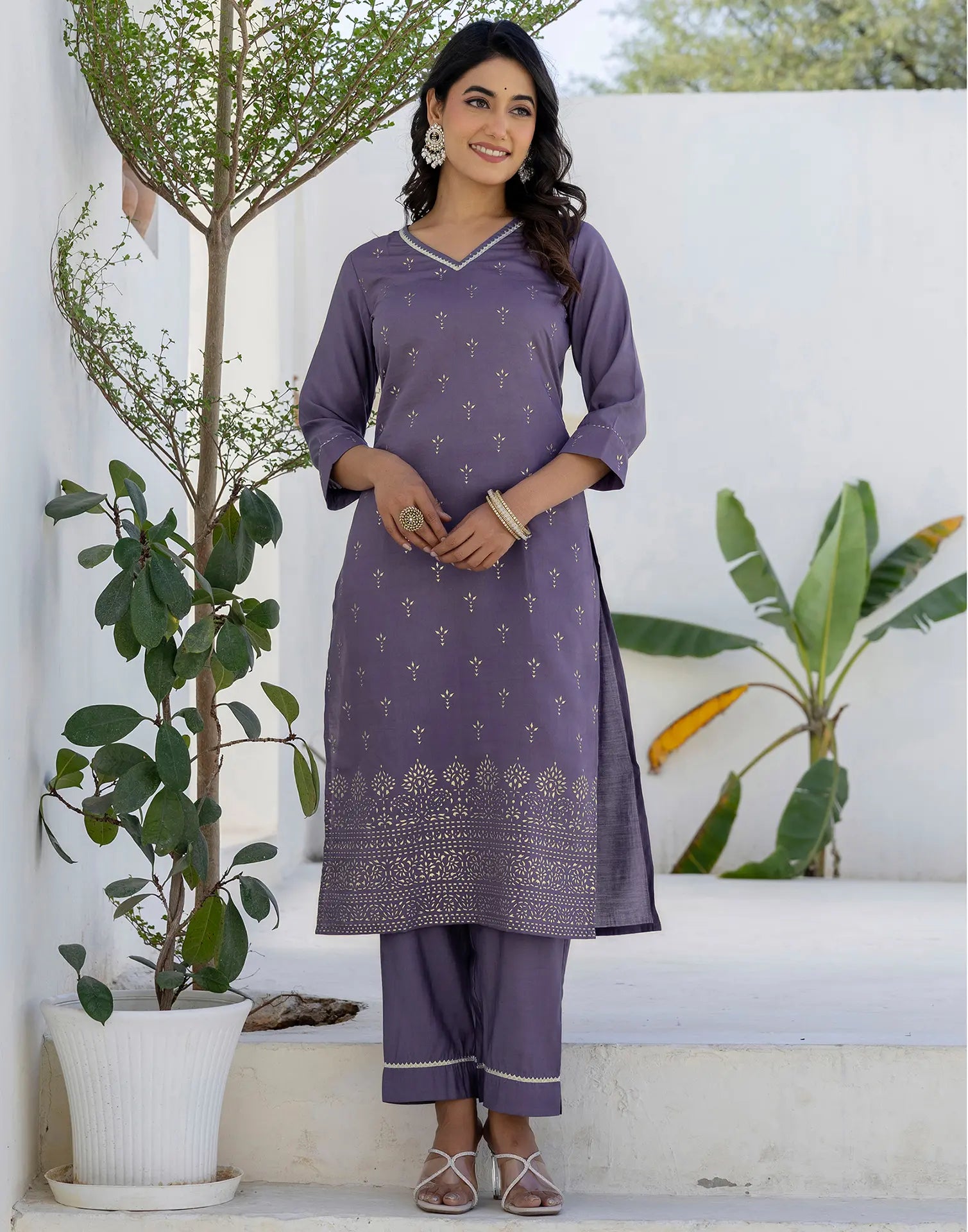 Silk Blend Foil Print Straight 3 Piece Kurta Set