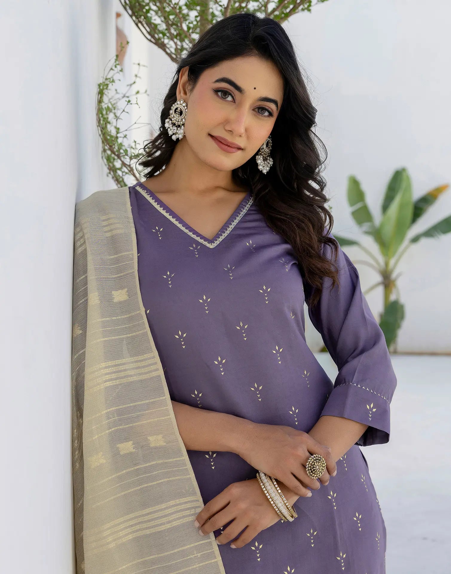 Silk Blend Foil Print Straight 3 Piece Kurta Set