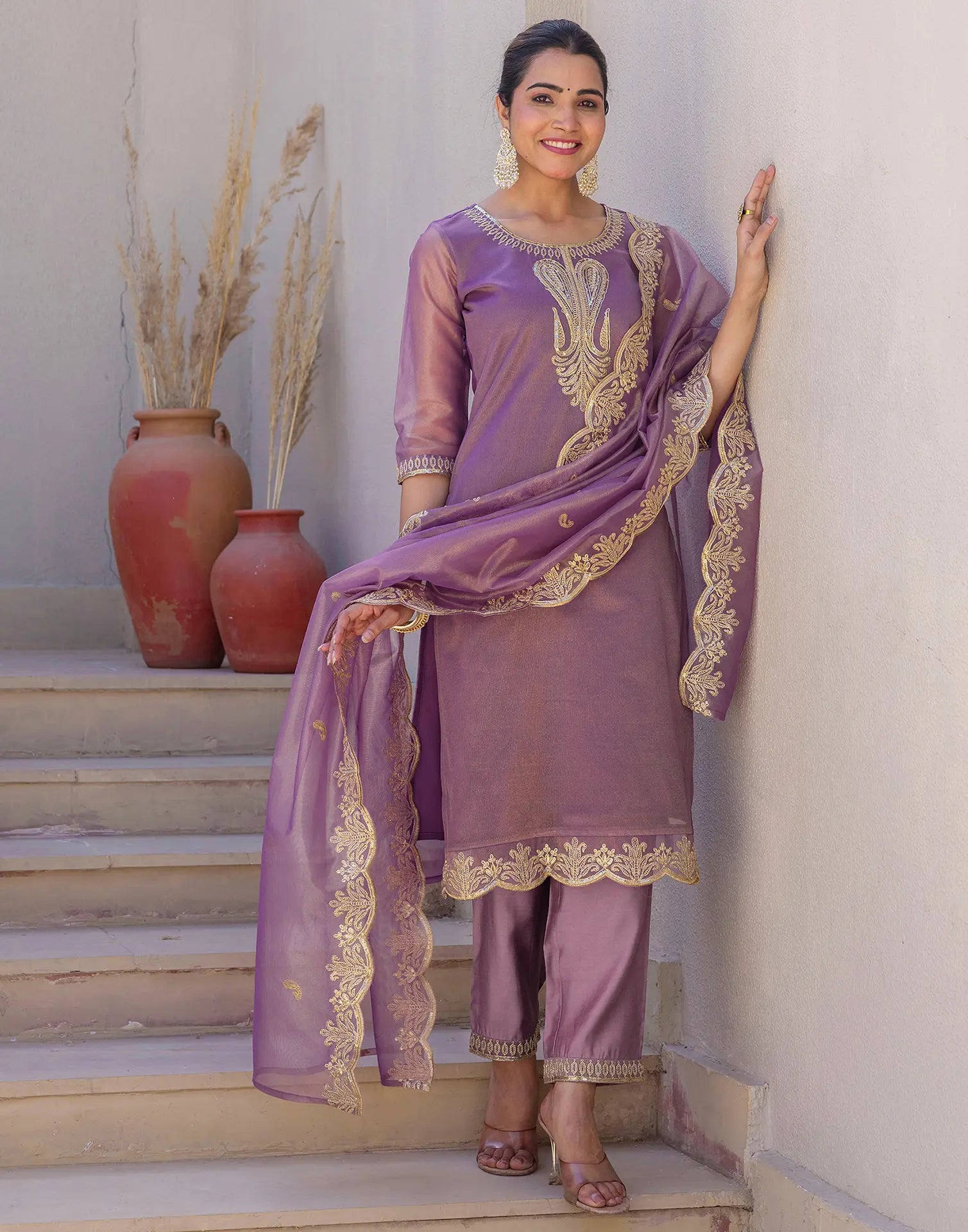 Shimmer Net Embroidered Straight 3 Piece Kurta Set