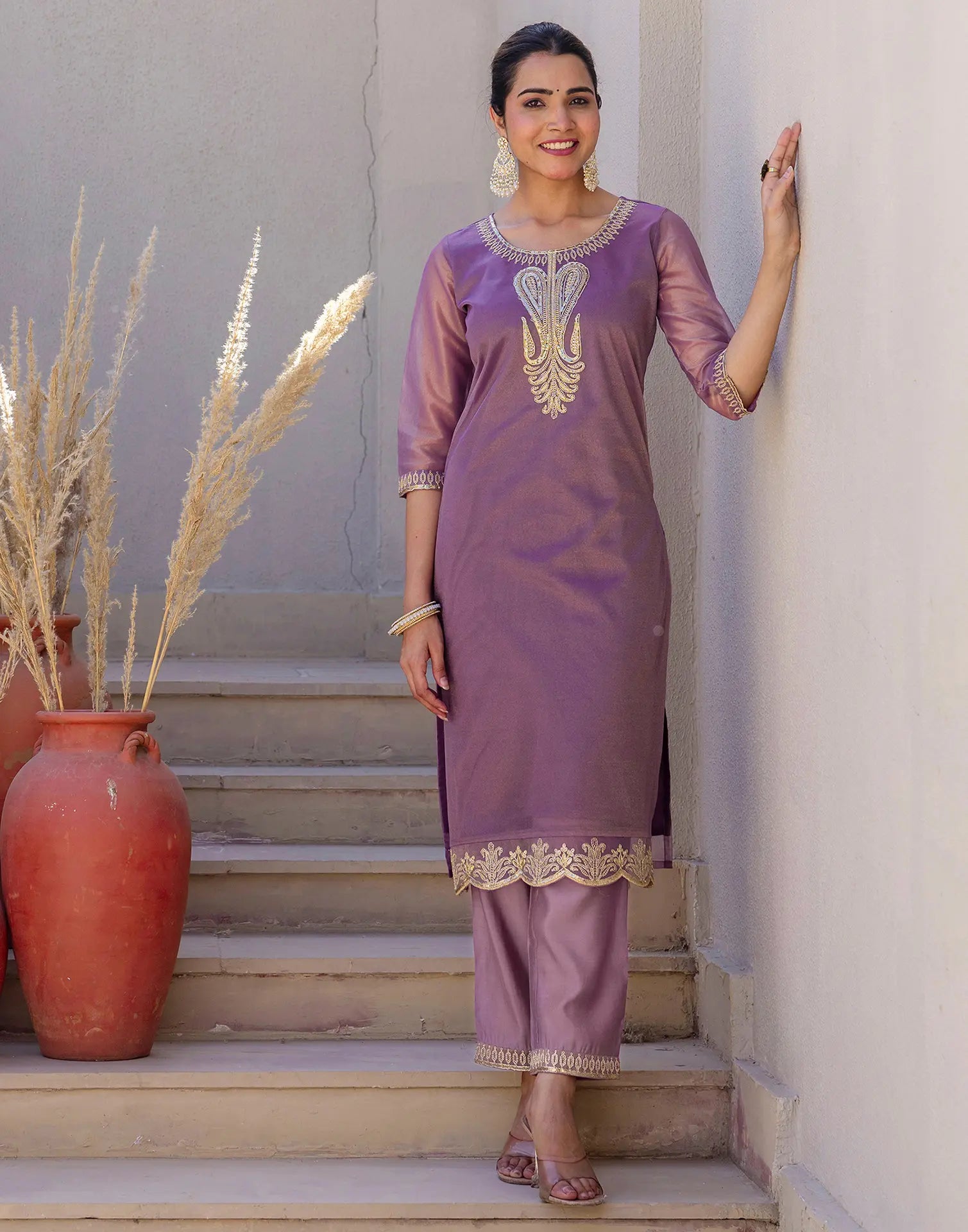 Shimmer Net Embroidered Straight 3 Piece Kurta Set