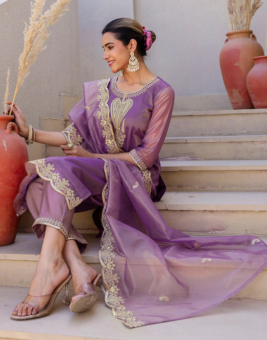 Shimmer Net Embroidered Straight 3 Piece Kurta Set