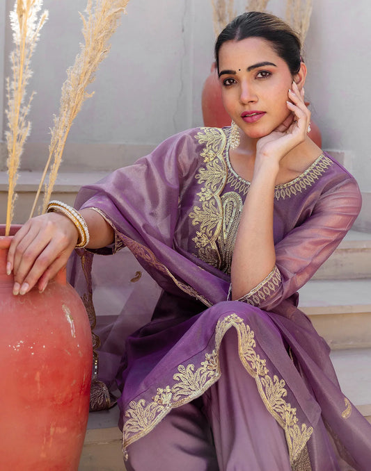 Shimmer Net Embroidered Straight 3 Piece Kurta Set