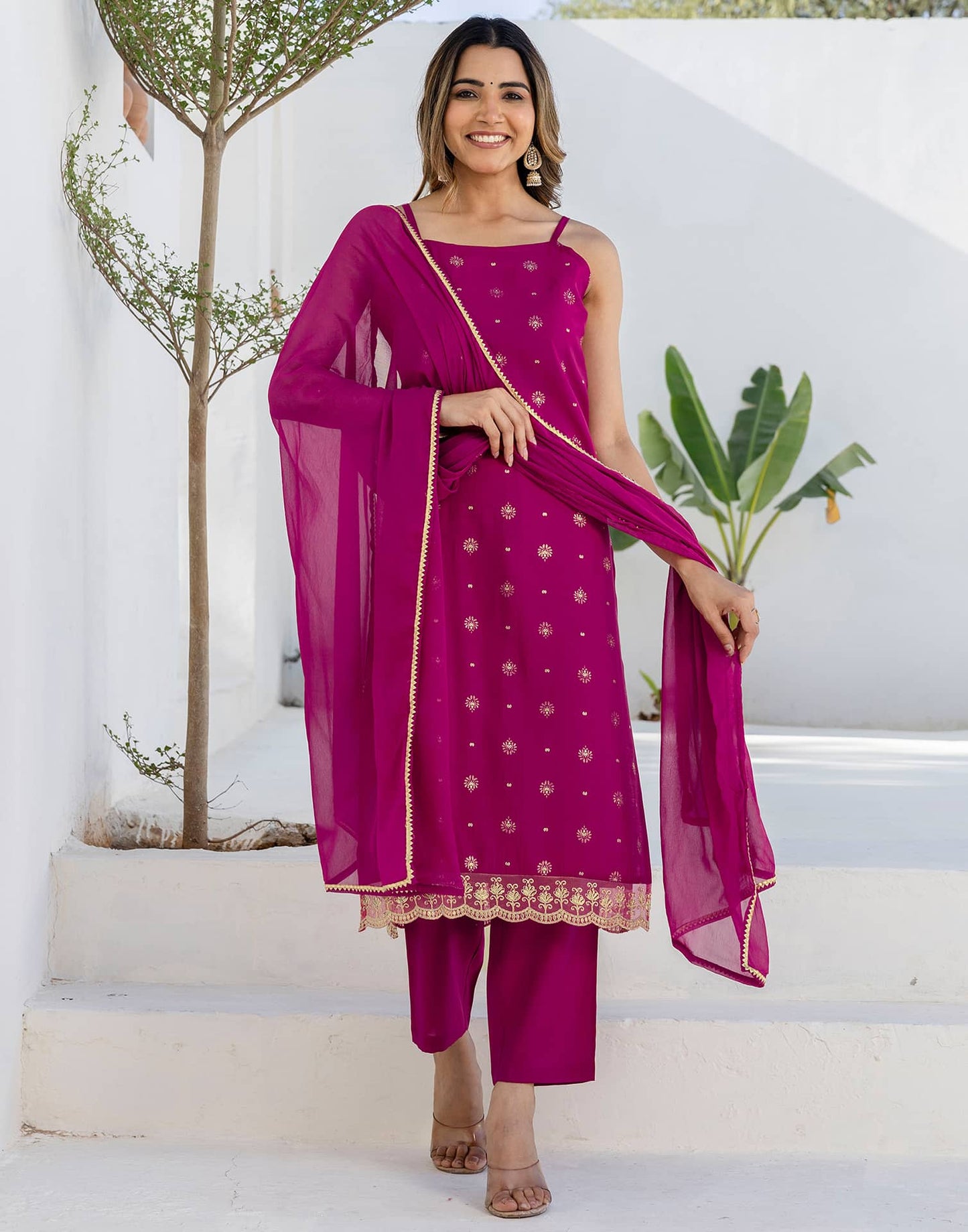 Silk Blend Foil Printed and Embroidery Lace Straight Kurta with Pant & Dupatta