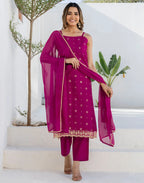 Silk Blend Foil Print Straight 3 Piece Kurta Set