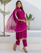 Silk Blend Foil Print Straight 3 Piece Kurta Set