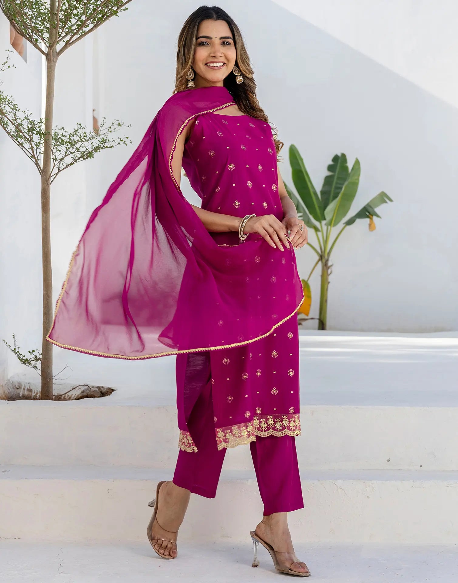 Silk Blend Foil Print Straight 3 Piece Kurta Set