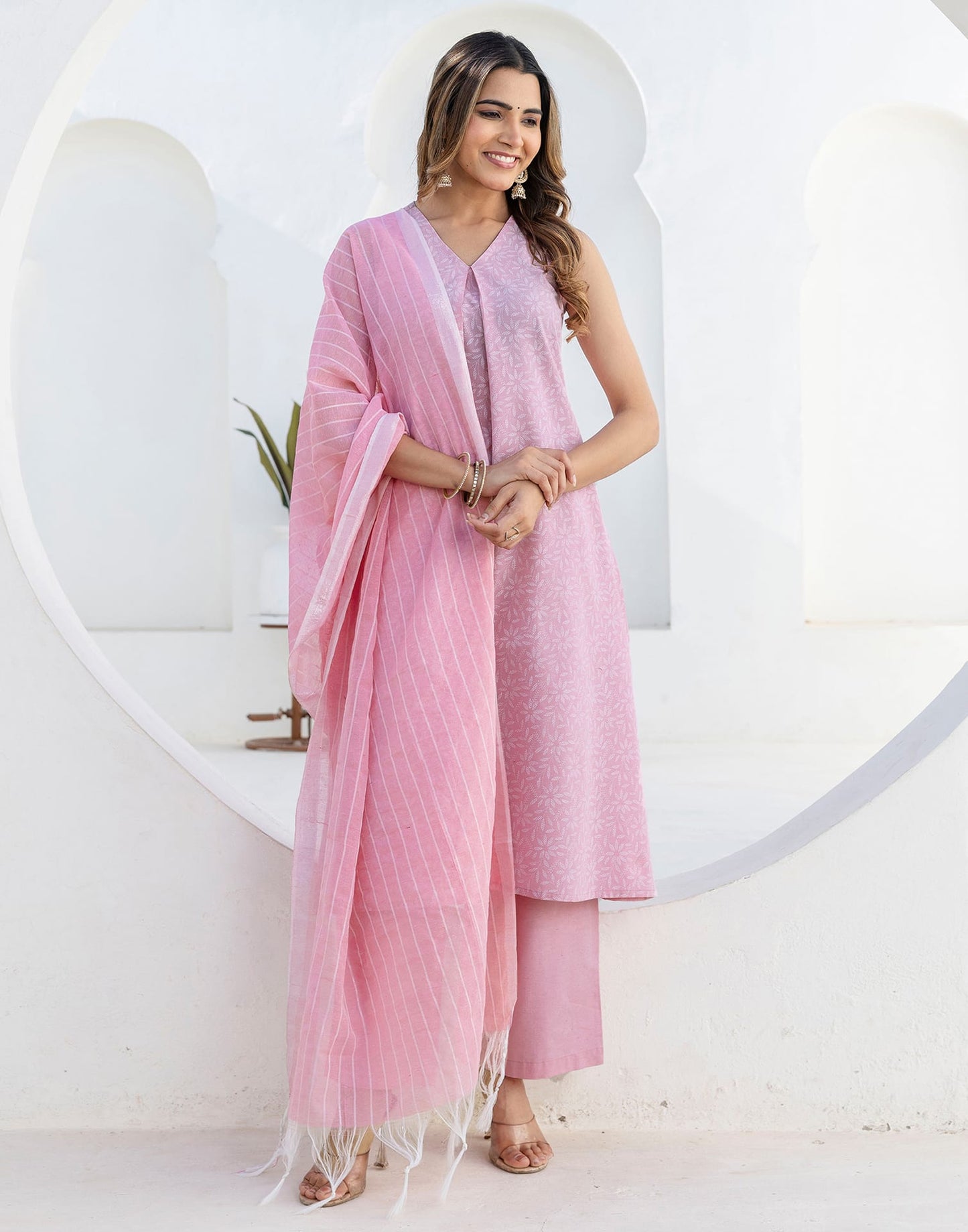 Cotton Printed A-Line Sleeveless Kurta with Pant & Dupatta
