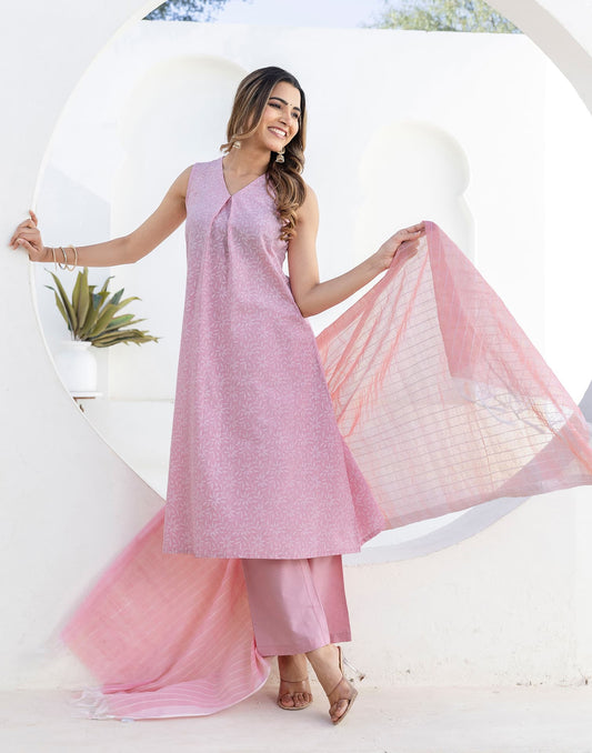 Cotton Printed A-Line Sleeveless Kurta with Pant & Dupatta