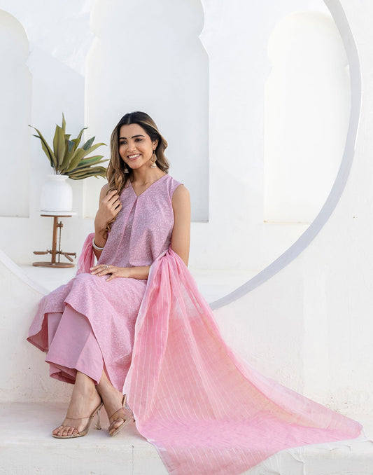 Cotton Printed A-Line Sleeveless Kurta with Pant & Dupatta