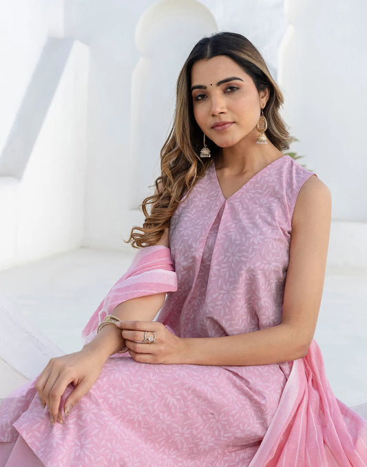 Cotton Printed A-Line 3 Piece Kurta Set