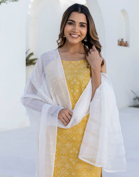 Cotton Bandhani Printed A-Line Kurta with Pant & Dupatta